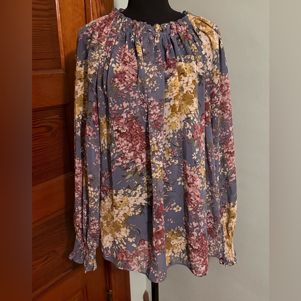 Umgee Marianna Floral Smocked Boho Sheer Off the Shoulder Blouse size Large